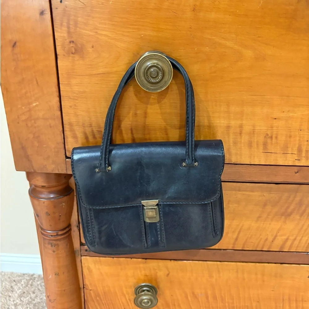 Vintage Italian Leather Small Satchel structured Hand Bag Midnight Blue Pockets - Picture 1 of 13